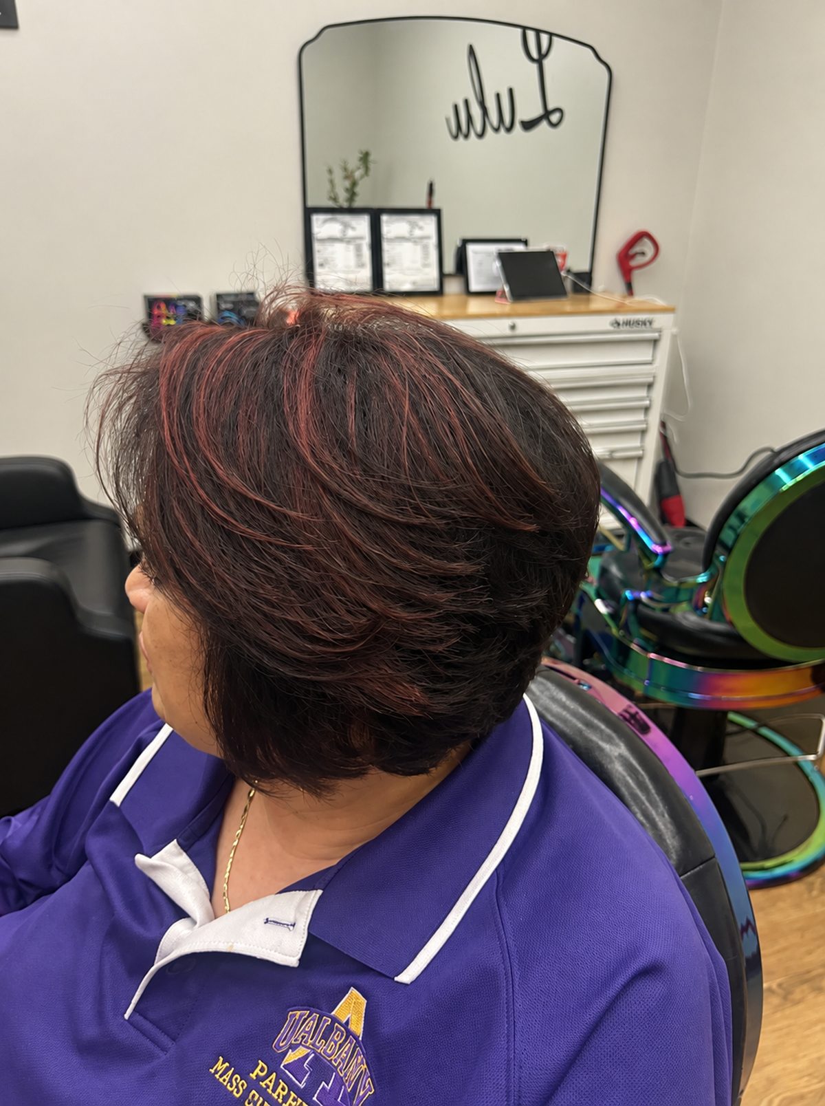 Layered bob with red highlights